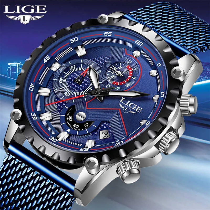 Lige 블루 캐주얼 시계 메쉬 벨트 패션 쿼츠 손목 시계 방수 망 시계 탑 브랜드 럭셔리 Relogio Masculino 210527