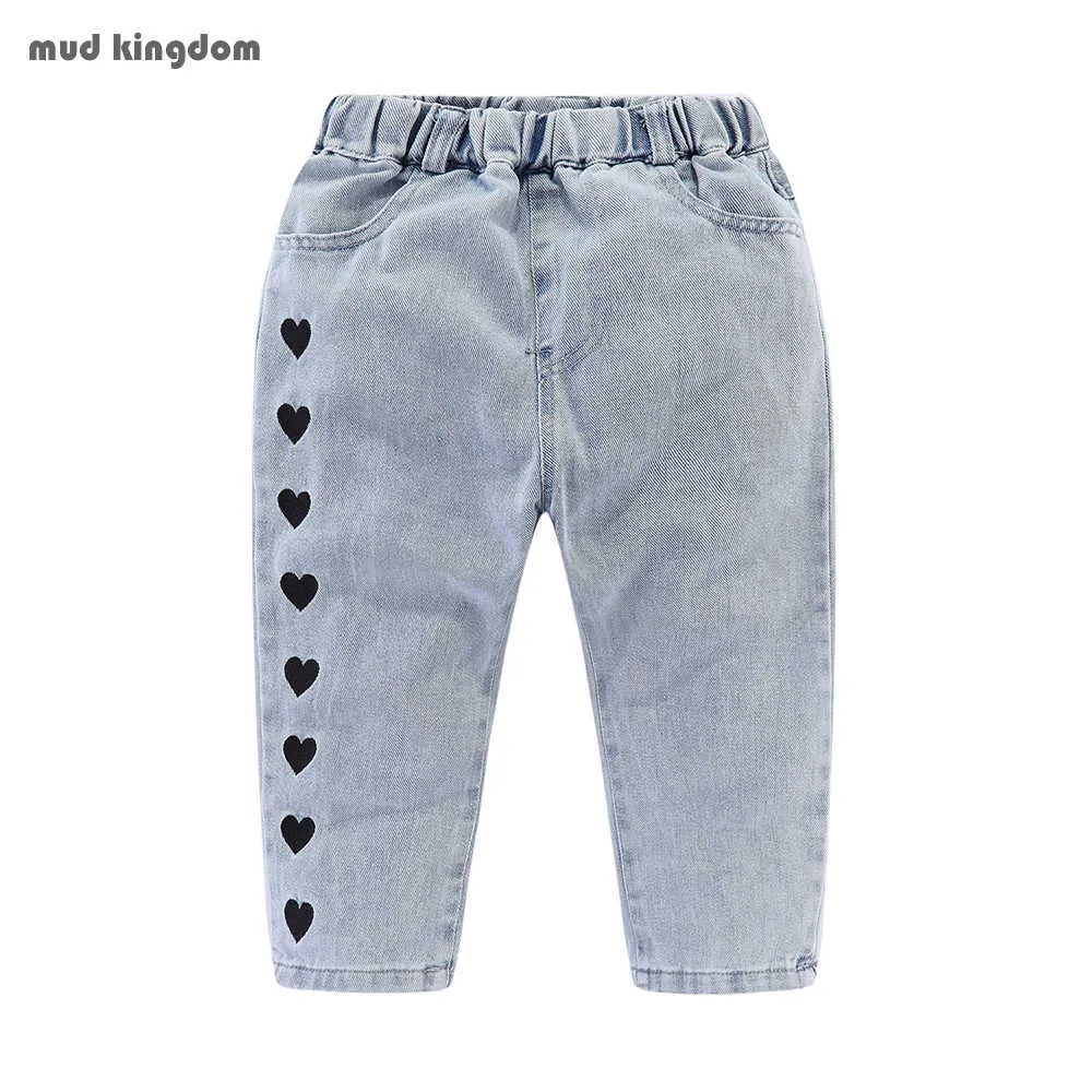 Mudkingdom hjärta flicka jeans mode elastiska midja denim tjejer byxor barnkläder 210615