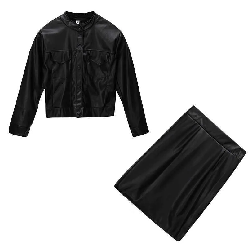 PERHAPS U Women Autumn Winter Two Piece Set Short Leather Jacket Pocket Button Long Sleeve PU Leather Mini Skirt T0189 210529