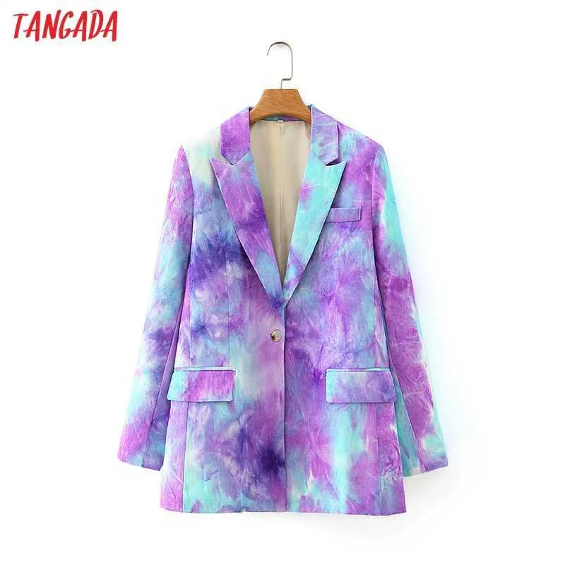 Tangada Kobiety Purpurowy Tie Dye Blazer Płaszcz Vintage Collar Notched Kołnierz Długie Rękaw Moda Kobiet Luźne Chic Topy DA131 210609