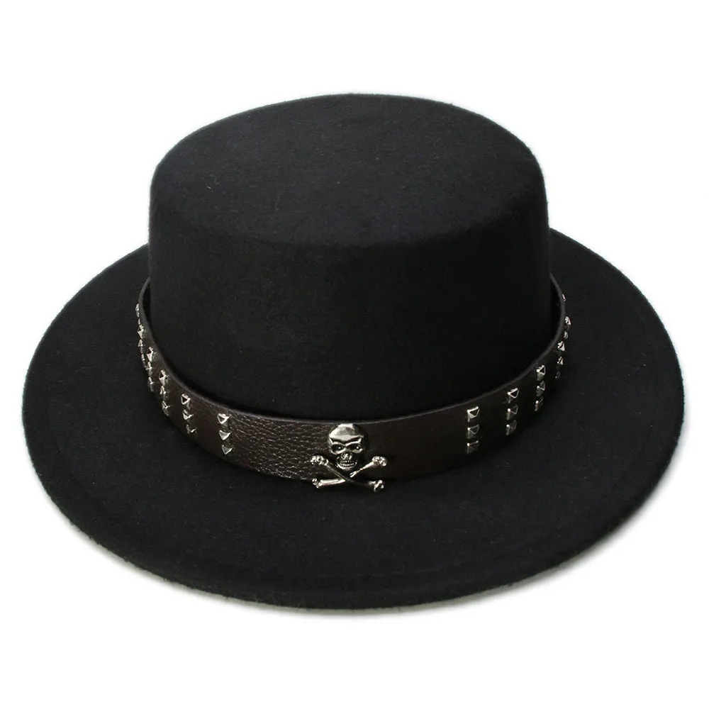 Lyckylianji Kvinnor Män Vintage 100% Ull bred Brim Topplock Pork Pie Pork-Pie Bowler Hat Skull Bead Leather Band (57cm / Justera)