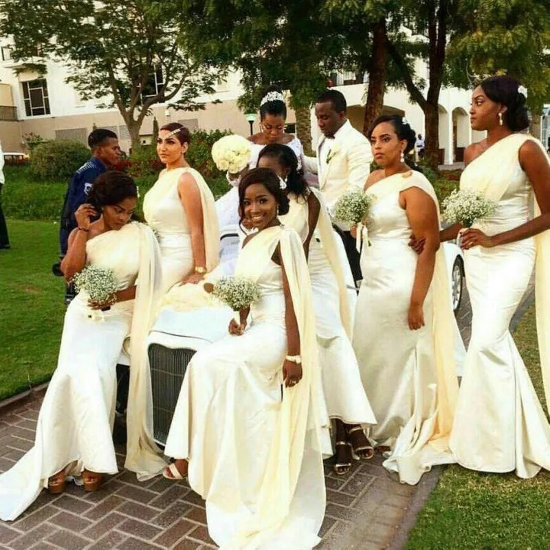 Vestido de dama de honra meninas africanas sereia vestidos longos um ombro cetim chão comprimento casamento convidado partido de dama de honra