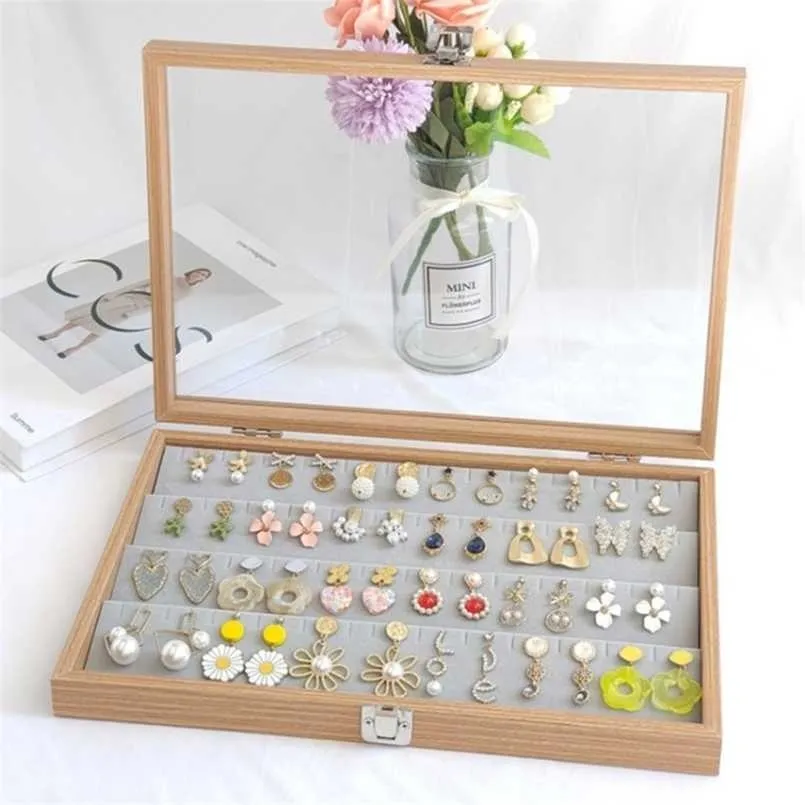 Transparent Lid Jewelry Box Wooden Storage Grid Tray Showcase Lockable Organizer Earrings Necklace 211105