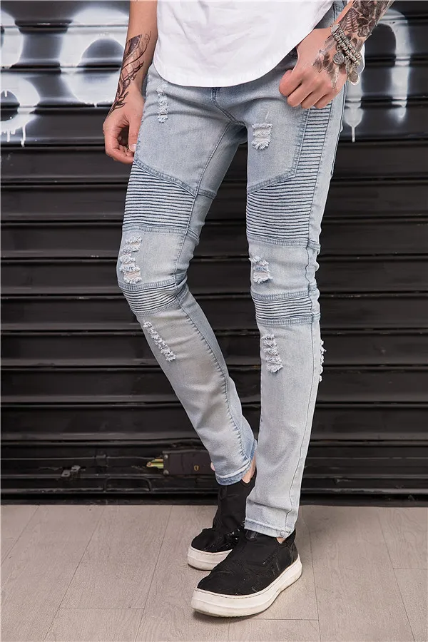 Erkek Kot Adam Biker Jean Giyim Tasarımcı Pantolon SLP Mavi / Siyah Yıkılan Erkek Ince Denim Düz Sıska Erkekler Yırtık 28-38