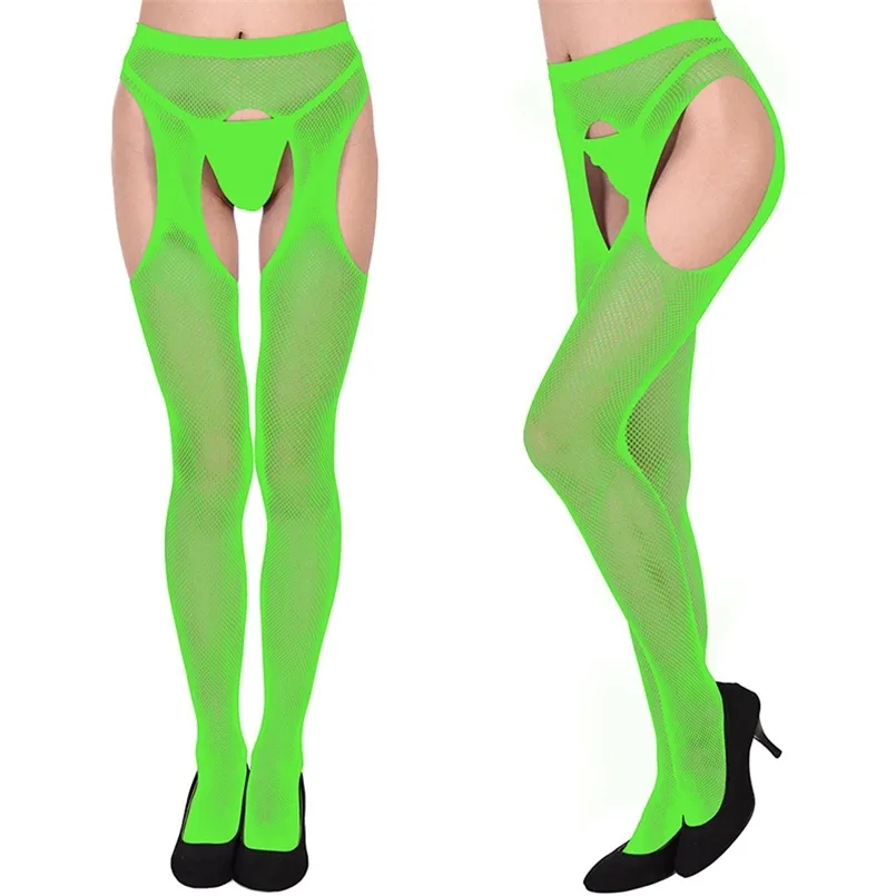 Sexy Lingerie Underwear Meias Aberto Abertura de Neon Fishnet Calças de Feminina para Mulheres Partido Night Club Wear Crotchless Mantyhose Mulheres 211204