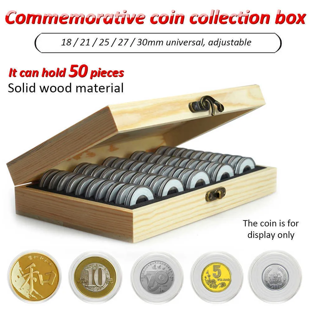 50 sztuk Pamiątkowy Pudełko do przechowywania monet regulowany Antioksydiczna drewniana kolekcja monet dla 18/21 / 25/27 / 30mm Universal 210626