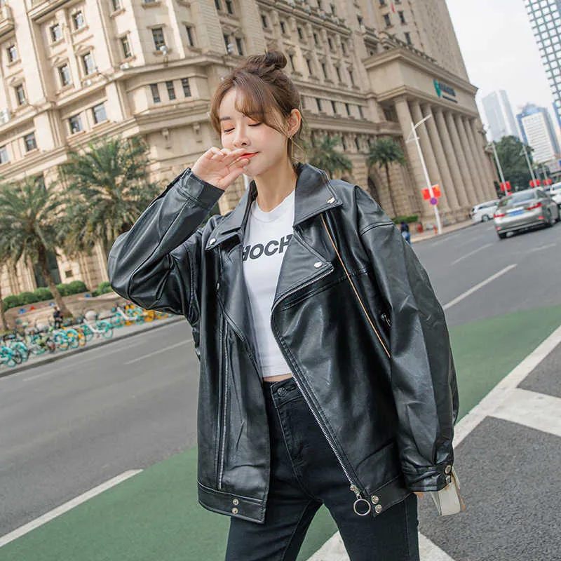 Giacca da moto in pelle corta casual Capispalla da donna Giacca da motociclista allentata coreana Donna Primavera Streetwear Lady Businesschic Top 210604