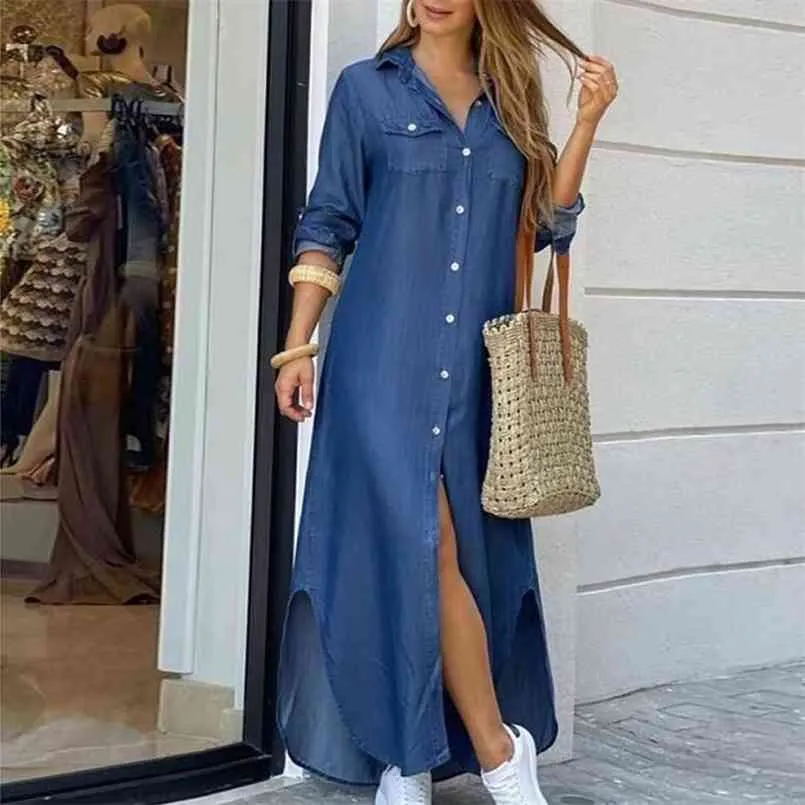 Jesień Długa Sukienka Z Długim Rękawem Koszula Sukienka Kobiety Denim Długie Suknie Kieszonkowe Przycisk Koszula Drukuj Dress Casual Luźne Suknie 210915