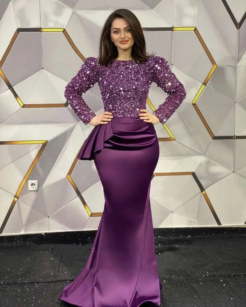 Glitter Purple Sequined Evening Dresses For Women 2022 Elegant Long Sleeves Mermaid Formal Event Gowns Crew Neck Satin Special Occasion Dresses Prom Party Dress