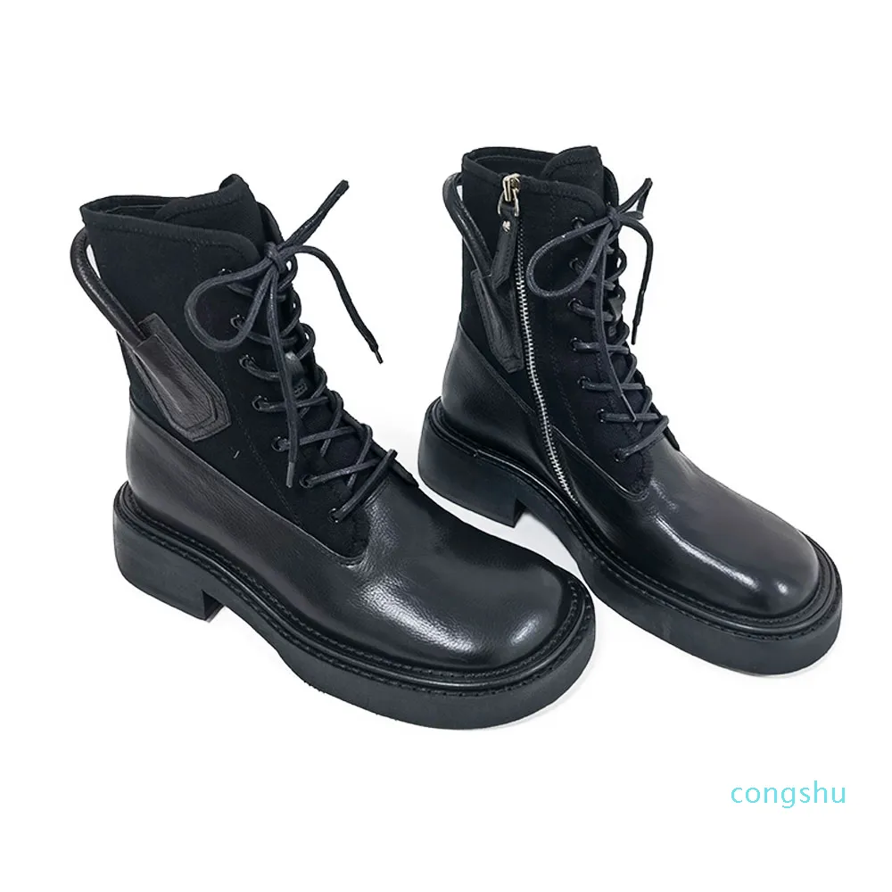 블랙 마틴 힐 4cm 패브릭 가죽 패치 워크 캔버스 트림 지퍼 Boot11