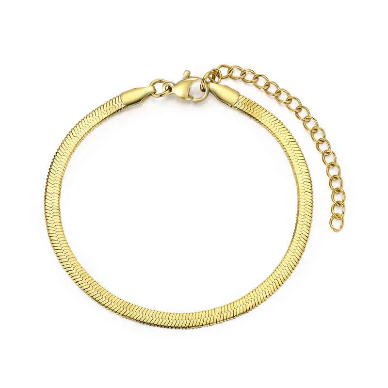 Minimalist 18k Gold Plated Stainls Steel Flat Herringbone Snake Chain Bracelet for Women