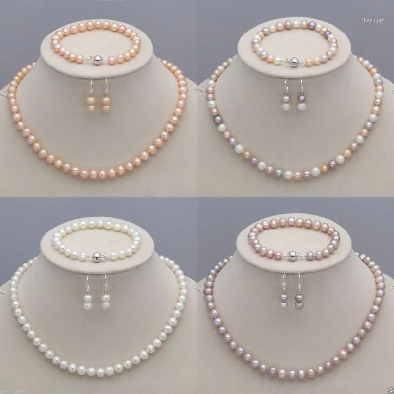 Earrings & Necklace Genuine 7-8mm Natural Akoya Freshwater Pearl Bracelet Set