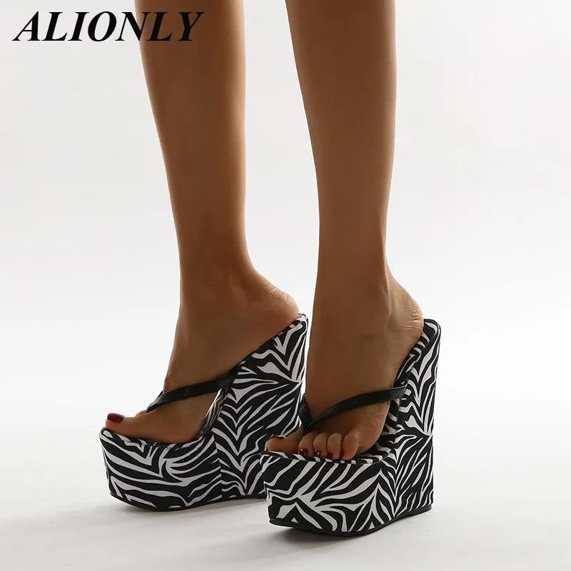 Slippers ALIONLY Sexy Zebra Super 18CM High Heels Platform Wedges Pinch For Women 2021 Summer Sandals Mules Shoes