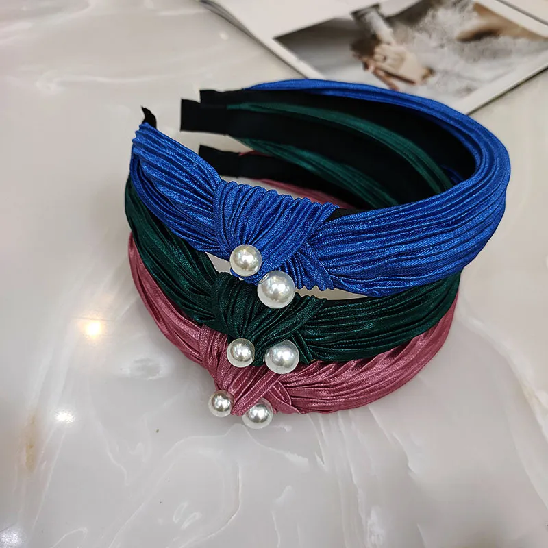 Nowe Mody Girls Hairband Plisowany Cross Cross Knot Turban Perły Pałąk Zespół Włosów Solidna Taśma Najwyższej Jakości Akcesoria do włosów 1300 B3