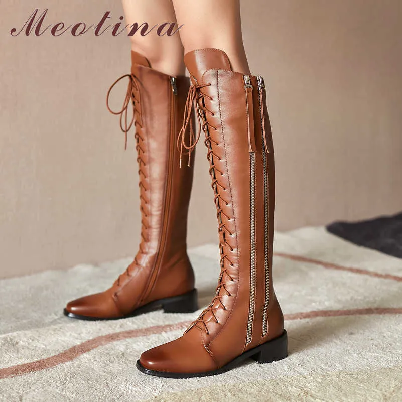 Meotina Kadınlar Diz Yüksek Çizmeler Ayakkabı Hakiki Deri Orta Topuk Bayan Çizmeler Fermuar Çapraz Bağlı Kalın Topuklu Uzun Çizmeler Kış Kahverengi 210608