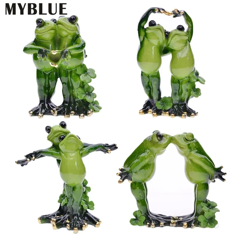 Myblue Kawaii Jardin Animal Résine Couple Amoureux Grenouille Figurine de mariage Miniatures Nordic Home Chambre Décoration Accessoires Cadeau 210811