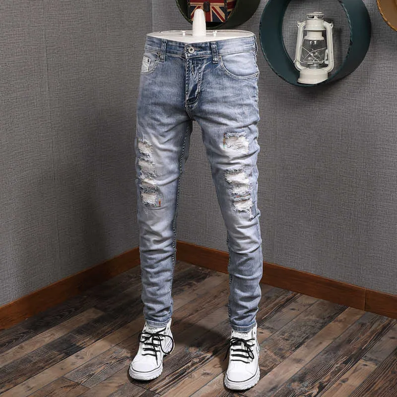 Italian Fashion Men Jeans Light Blue Elastic Slim Fit Destroyed Ripped Denim Pants Patchwork Vintage Designer Hip Hop Trousers