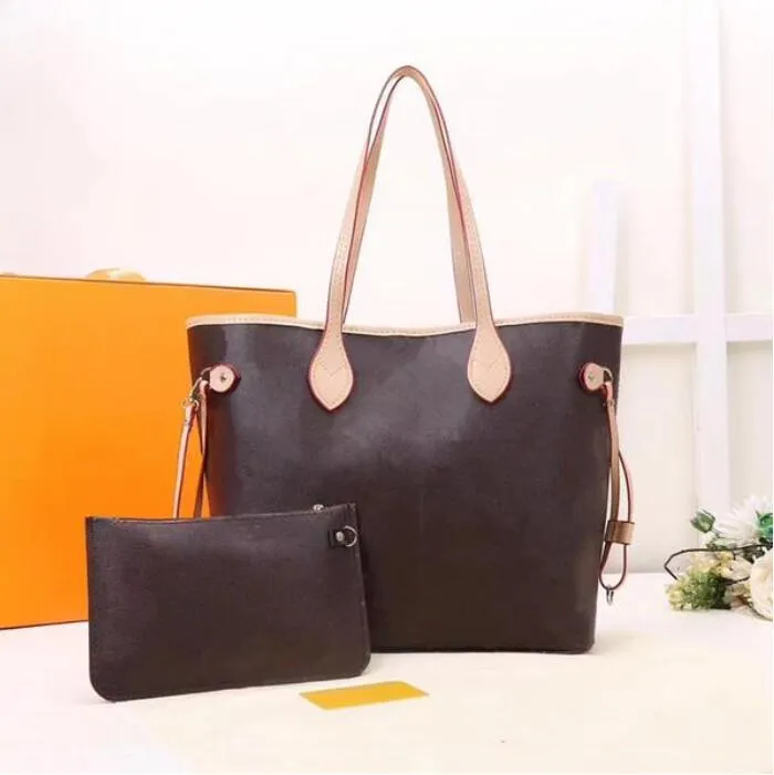 Top quality Big size Fashion Bags 2pcs set women and Small bag Brown flower grid Shoulder Tote handbag ladies lady Messenger purse