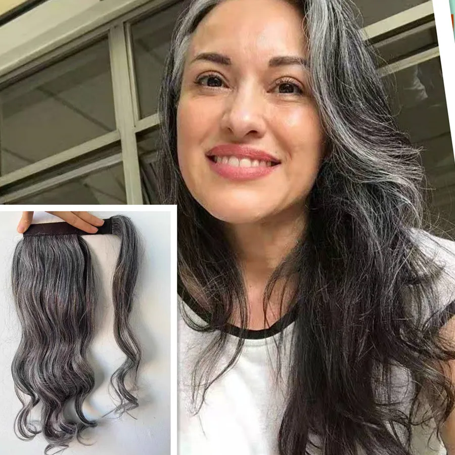 100% de sal humano e pimenta longa peça de cabelo cinza ondulado, prata branco cinza cabelo pônei rabo, natural destaque cabelo humano rabo de cavalo 100g-140g