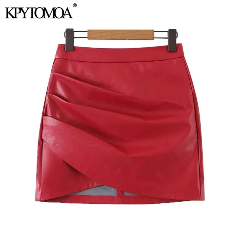 KPYTOMOA Mujeres Chic Moda Faux Cuero Plisado Mini Falda Asimétrica Vintage Cintura Alta Cremallera Trasera Faldas Femeninas Mujer 210619