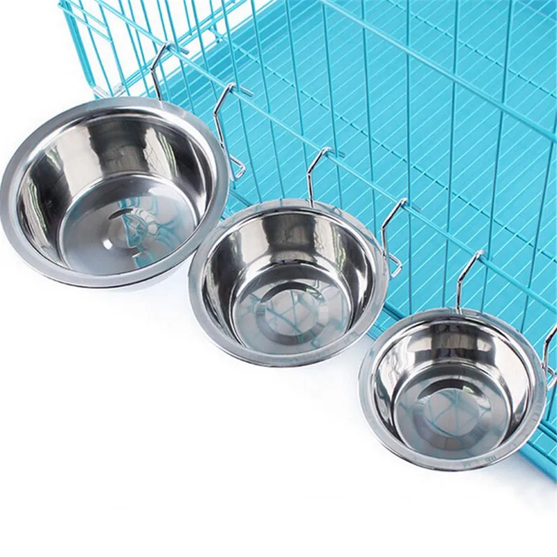 Pet Dog Cat Bowl Ze Stali Nierdzewnej Wiszące Klatka Żywność Wody Miski Kennel Coop Cup Kierownica Miska Dla Puppy Bird Rabbit Kociaker 228C3