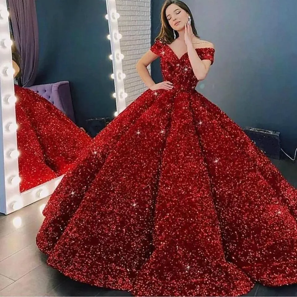 Luxury Glitter Sequin Ball Gown For Women Off Shoulder Red Glitter  Quinceanera Dresses, Sweet 16 Formal Party Night, Elegant Long Prom Grips  From Queenshoebox, $154.07 | DHgate.Com