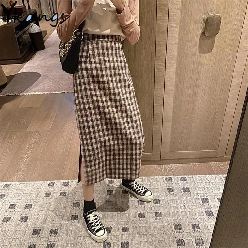 Vintage Plaid wysoką talią długie spódnice Winter Women Korean wełniane Szczelina Spódnica Harajuku Streetwear wysoką talią Midi Pencil Skirt 210311