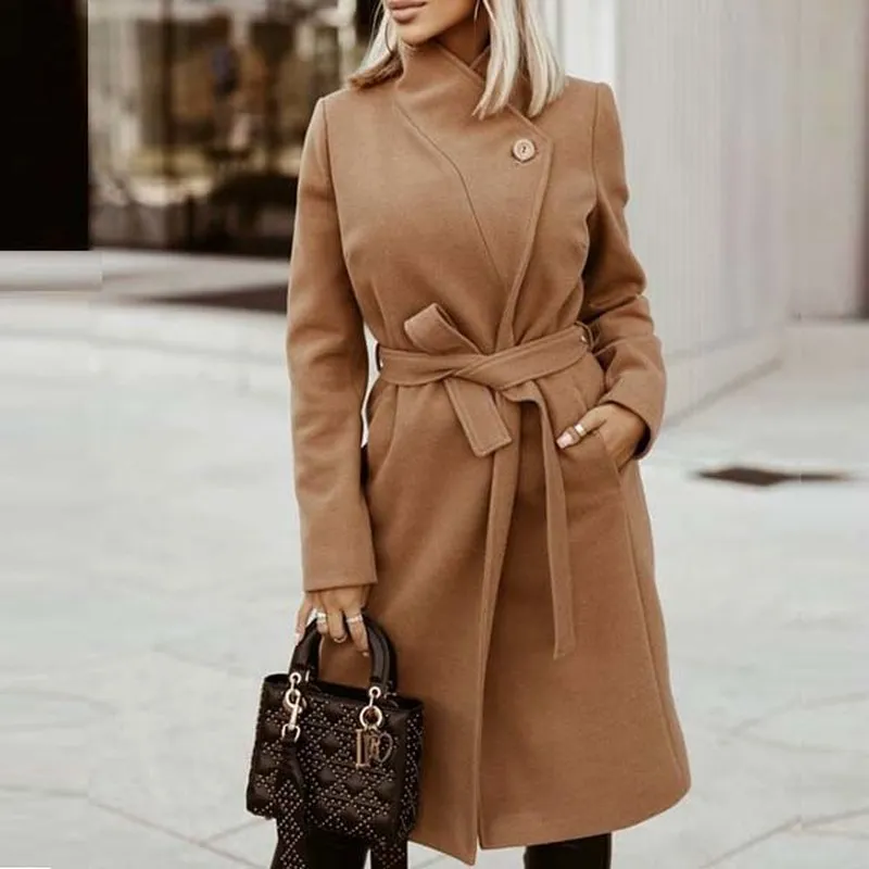 Ebaihui Long Over Knee Women's Coats Loose Belted Stand-Up Collar Jackor Elegant Chic Solid Slim Fit Overcoats Ytterkläder