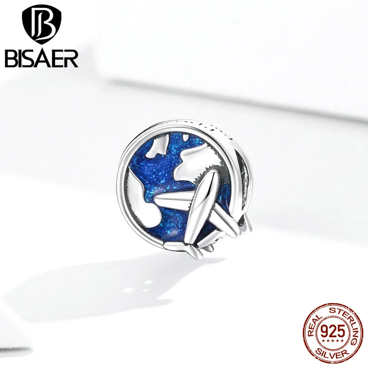 BISAER Beads 925 Sterling Silver Airplane to Travel Blue Enamel Round Charms Fit Bracelet Necklace Pendant Jewelry GXC1568 Q0531