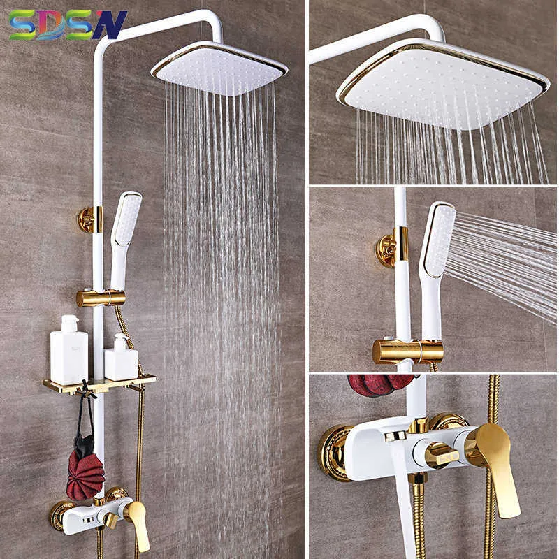 Shower Set SDSN White Gold Bathroom System Quality Copper Brass Bathtub Faucet Rainfall Head Spa Bath Sets X0705