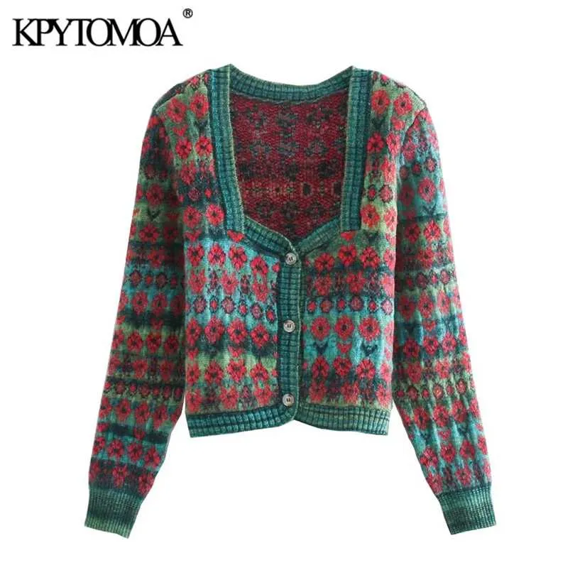 Kpytomoa女性のファッションジャカードクロップドニットカーディガンセータービンテージスクエアカラーボタンアップ女性の上着シックトップ211018