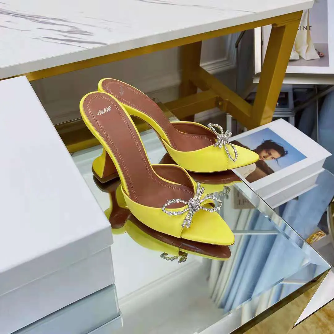 Yellow Satin Amina Italy Muaddi Mules Slippers 95mm Crystal-embellished Pyramid Heel Shoes
