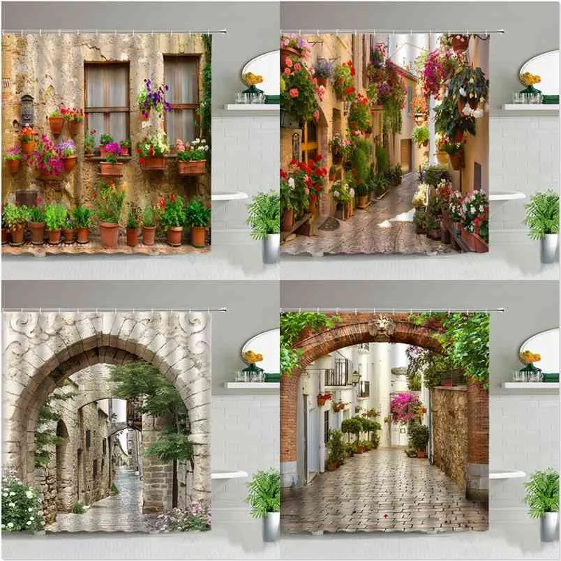 3D Européenne Rural Ville Rue Paysage Impression Rideau De Douche Pour Salle De Bains Rideaux Étanche Polyester Décor À La Maison Avec Crochets 210915