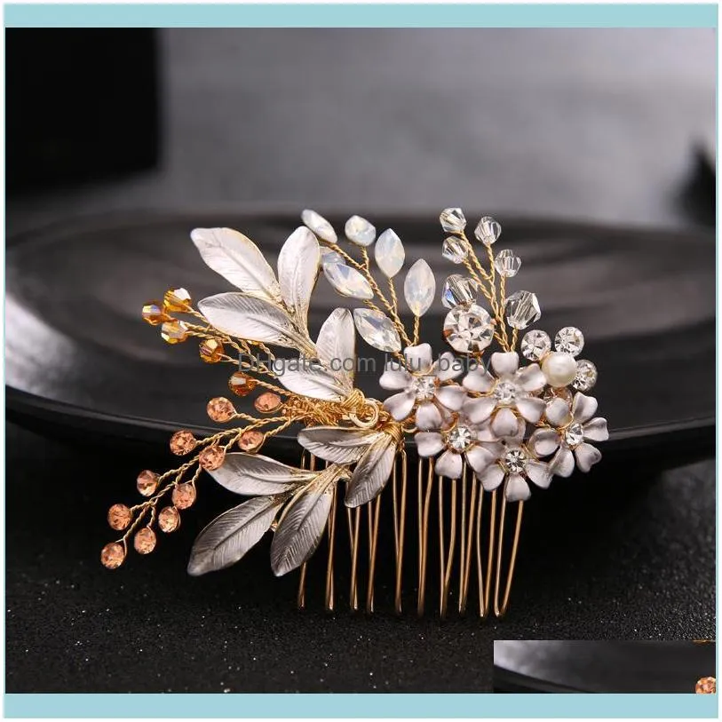 Hair Clips & Barrettes Crystal Bead Flower Bride Headbands Champagne Alloy Leaf Comb Princess Bridal Hairband Wedding Accessories Gold