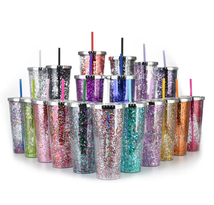 24 oz Double-Layer Plastic Straw Coffee Mug with Glitter Sequin  Electroplating Cover, Lid, Tray, Custom Logo from Dhgate Mugs - price 4.88