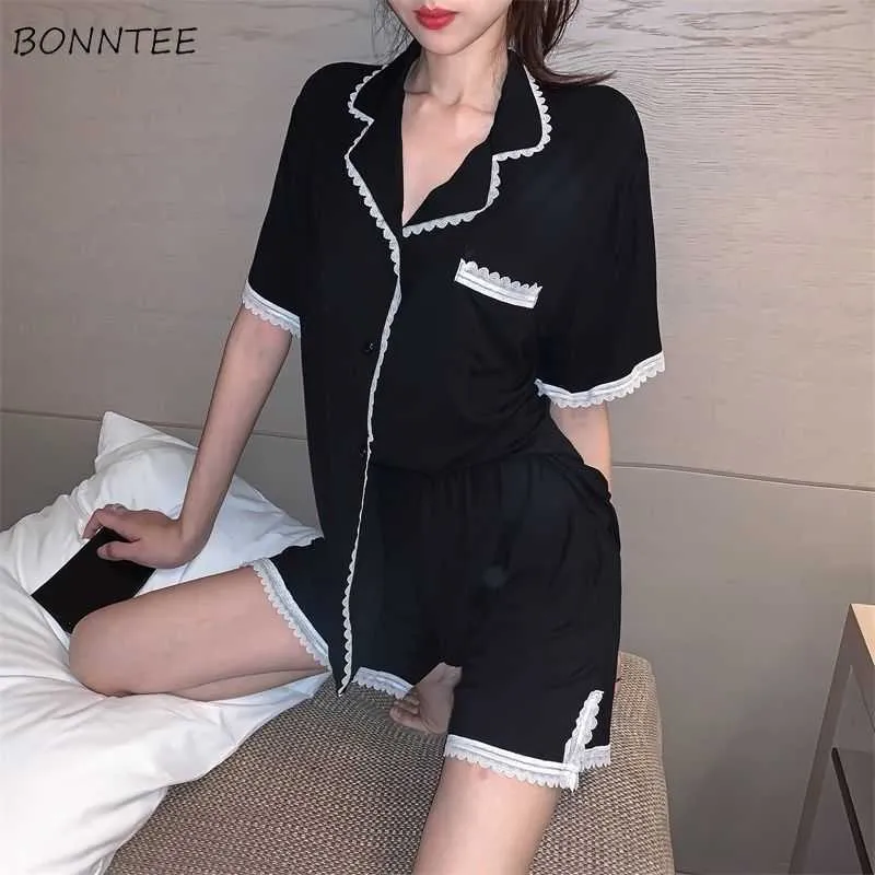 Pigiama Set Donna Sleepwear All-match Pizzo Patchwork College Ins Summer Lounge Lovely Elegant Daily Ulzzang 2 Pezzi Home Wear X0526