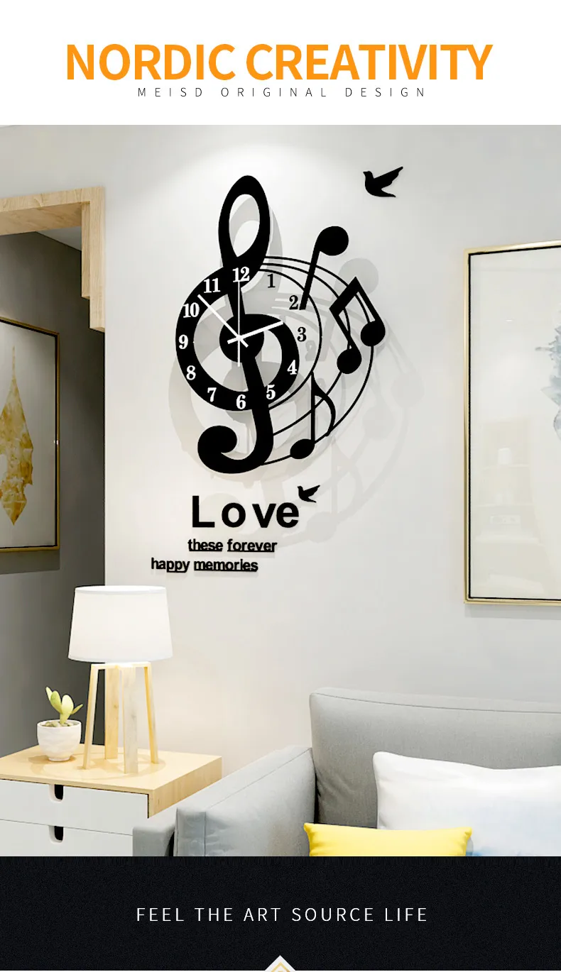 Piano et chiffre romain Horloge Murale en Métal Horloge Vintage noire