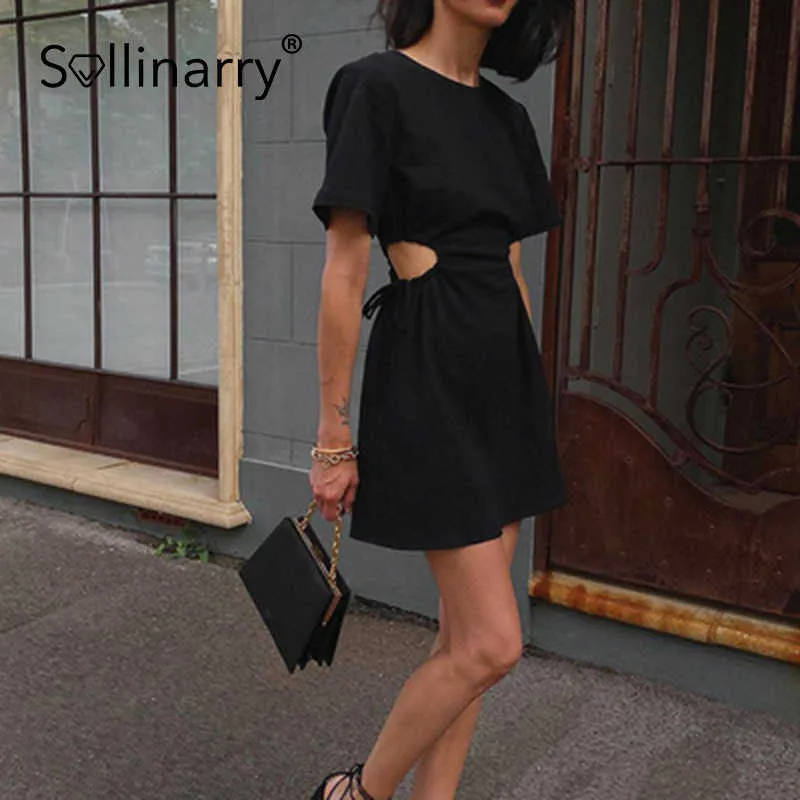Sollinarry hollowアウトハイストリート夏のドレス女性カジュアルな巾着セクシーな黒いドレス半袖ファッションミニダース210709