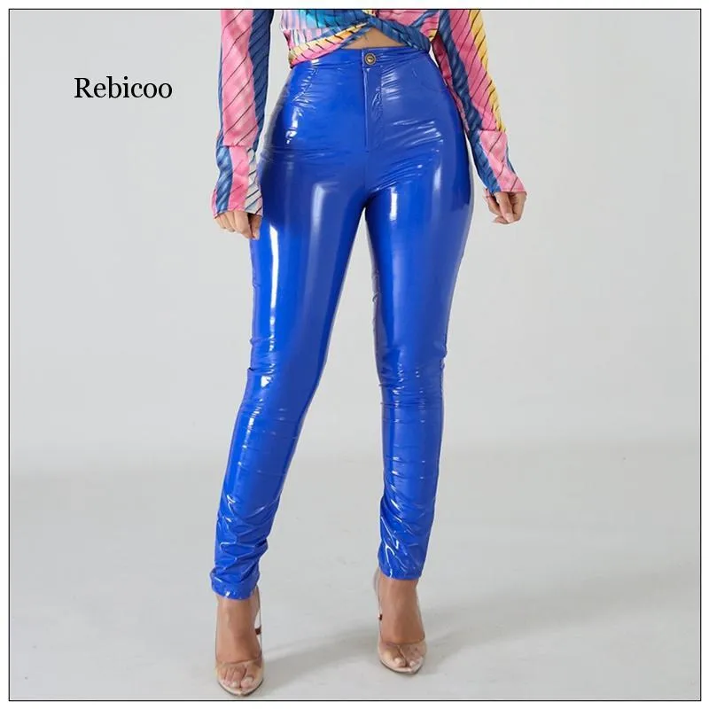 Calças femininas Capris Plus Grande tamanho PU Faux Leanings de couro grande Brilhante Skinny Slacks Mulheres Cintura Líquida Líquida PVC LÁTICO Patente Lápis Trou