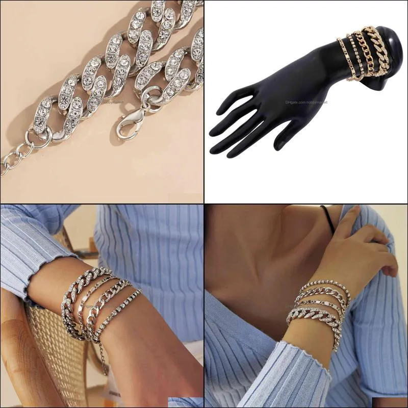 Jewelry punk dark diamond Cuban Bracelet Set women`s sweet cool stacked chain hollow out