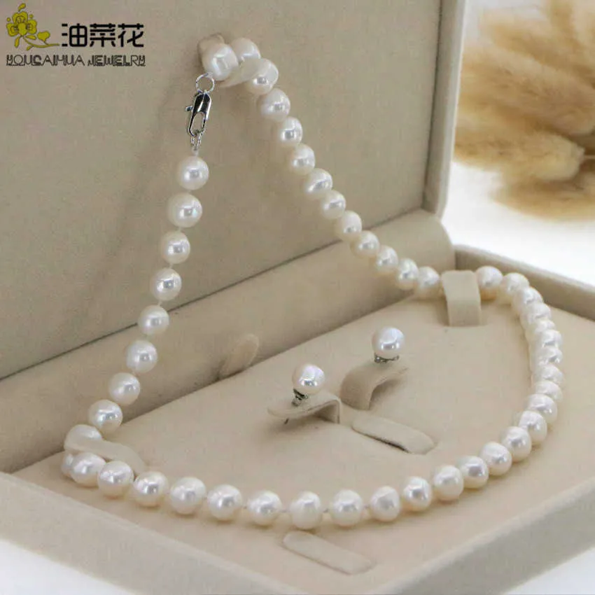 Ensembles de bijoux Bracelet de créateur de luxe Belle 8-9mm Blanc Collier de perles Akoya Boucle d'oreille 17,5 "Mariage pour les femmes en cadeau en gros