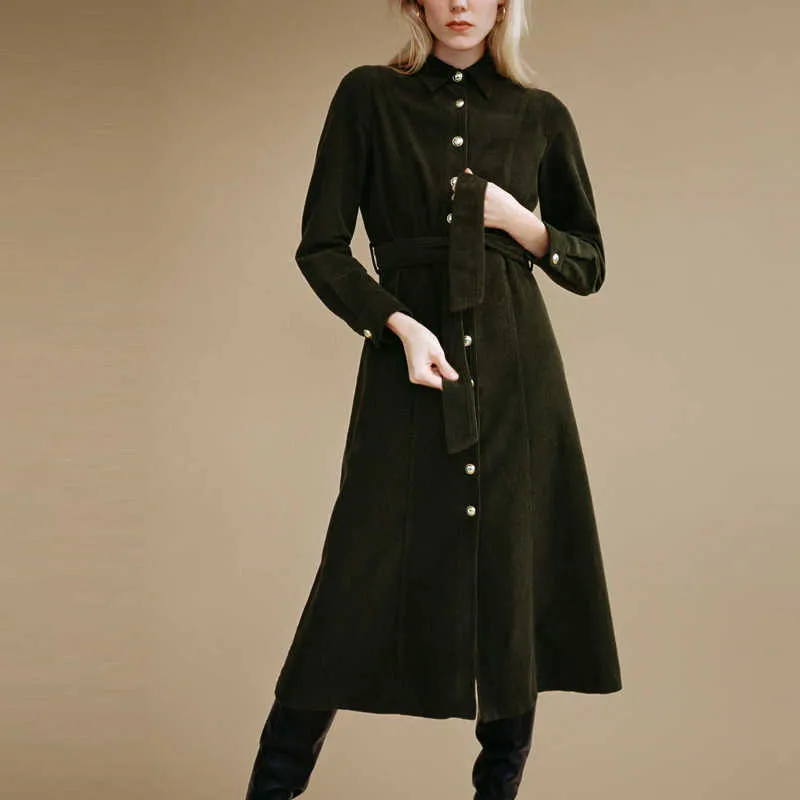 Za Vintage Corduroy Shirt Dress Women Long Sleeve Belt Office Lady Midi Dress Female Chic Front Metal Button Autumn Dresses 210602