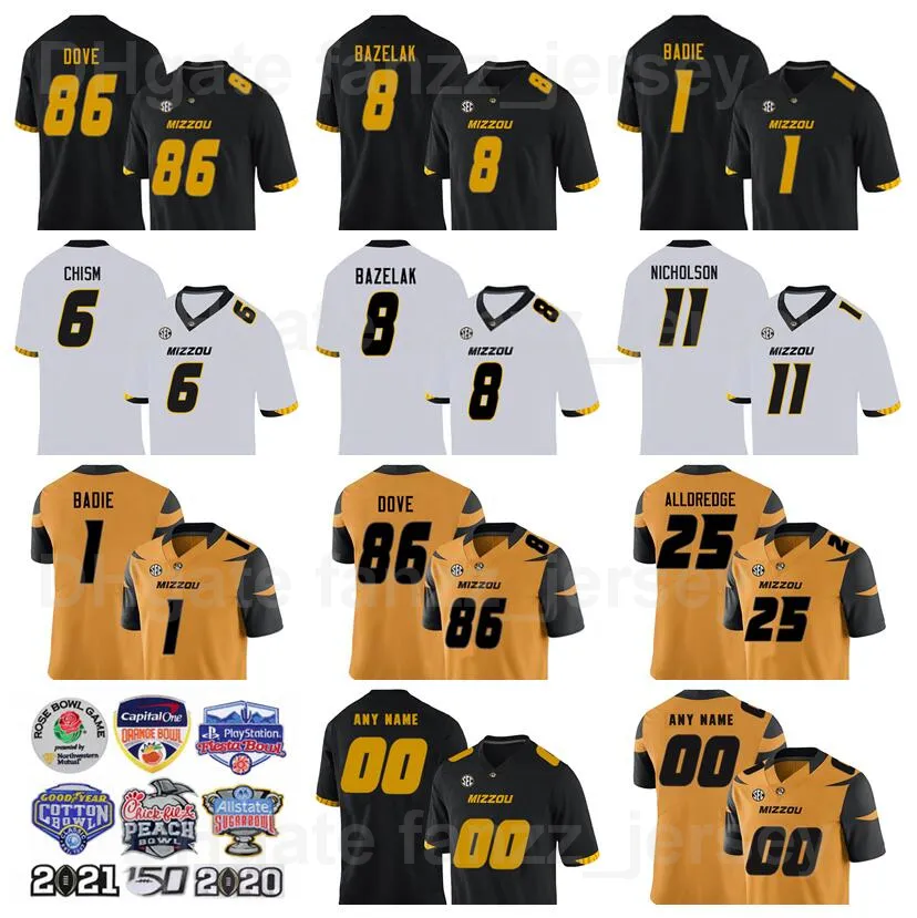 NCAA Kolej Futbol Missouri Kaplanları Jersey Erkekler 8 Connor Bazelak 1 Tyler Badie 86 Tauskie Dove 6 Keke Chism 25 Blaze Alldredge 11 Devin Nicholson Siyah Beyaz Sarı