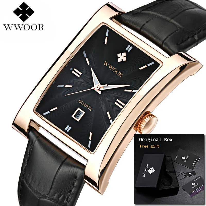 Wwoor męskie zegarki nadgarstkowe Top Marka Luksusowe Mężczyźni Gold Square Zegarki Prawdziwej Skóry Kwarcowy Zegarki Relogio Masculino 210527