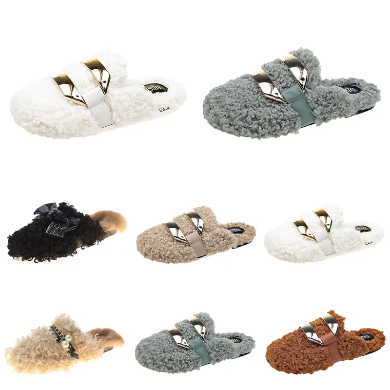 Autumn Womens Nyligen rabattiska tofflor Vintermetallkedja All Inclusive Wool Slipper för kvinnor Svart yttre slitage plus Big Szie Muller Half Drag Shoes 3-40 EUR