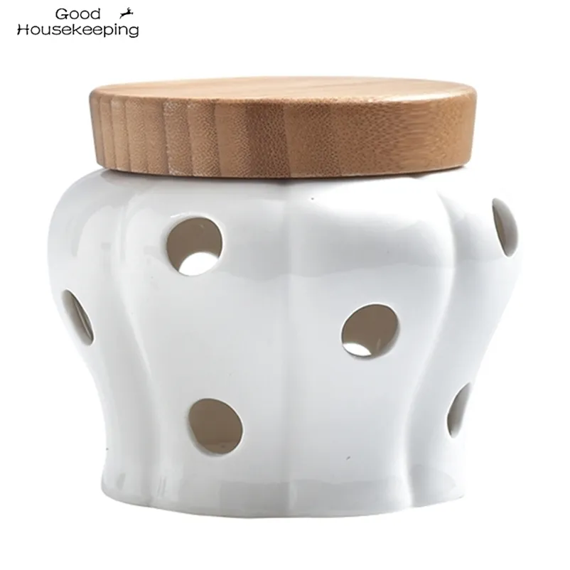 AT69 -Creative Cerâmica De Armazenamento De Cerâmica Alho Gengibre De Armazenamento De Armazenamento Jar Bambu Capa Cozinha Organizador Ferramentas Decoração Home Accessor 210315