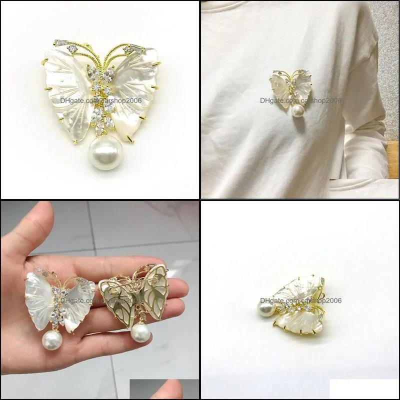 Pins, Brooches High Quality Natural Shell Butterfly Shape Brooch Delicate Jewelry Round Pearl Gold Filled Brass For Gift