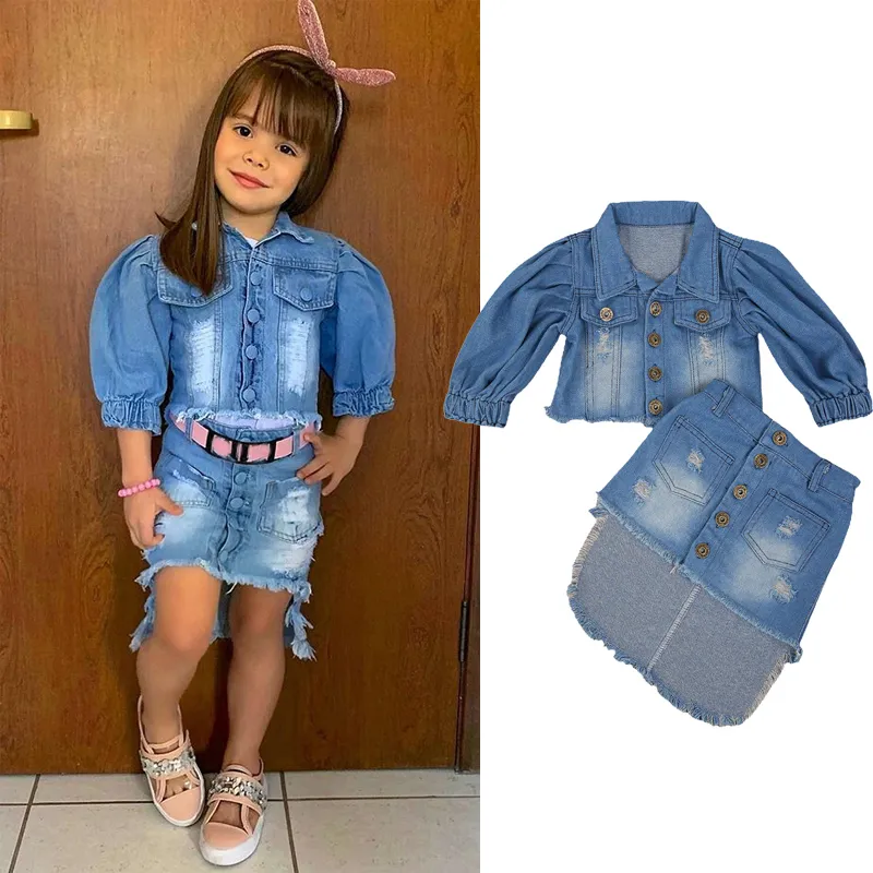 Kids 2 stks Outfit Kleding Set, Girls Blue Puff Sleeve Open Front Denim Jas + Onregelmatige Hem Rok 1-6 jaar Lente Herfst C0223