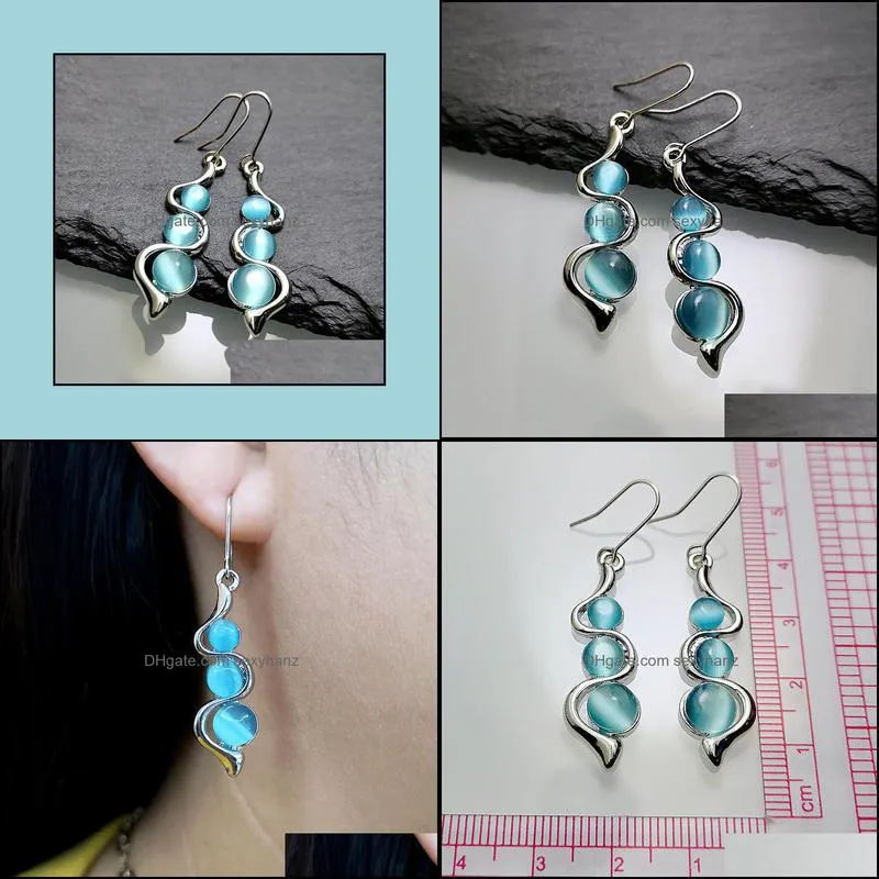 S2159 Bohemian Fashion Jewelry Curve Wave Dangle Earrings Blue Cat`s Eye Earring