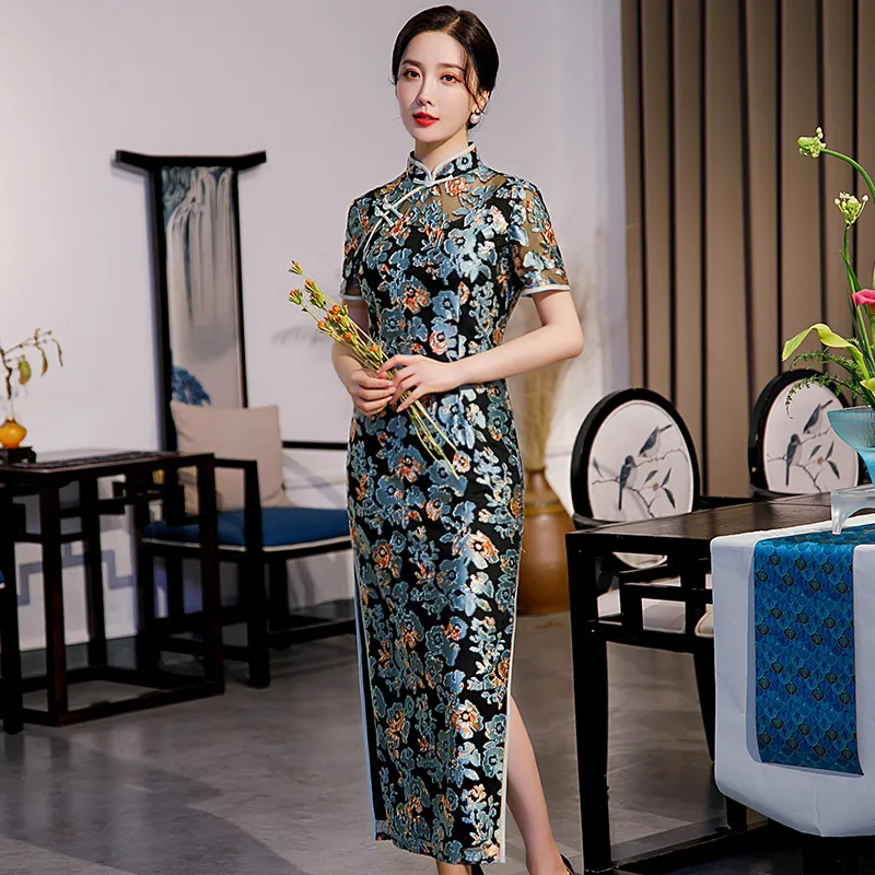 Kadınlar Etnik Giyim Klasik Cheongsam Vintage Düğme Geleneksel Çince Seksi Ince Uzun Akşam elbise Sonbahar Vestidos Mandarin Yaka Qipao
